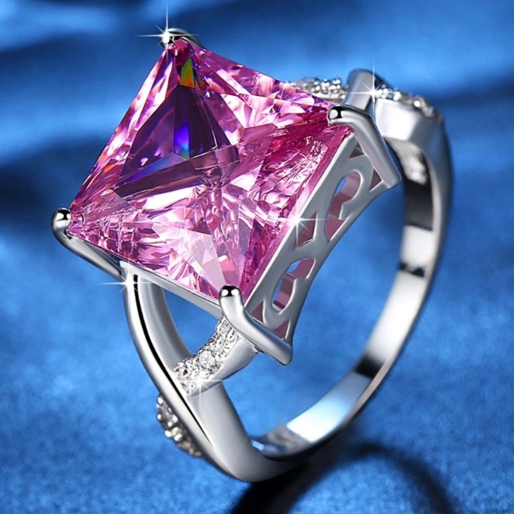 White Gold Pink Princess Cut Ring - Picture 3 of 3